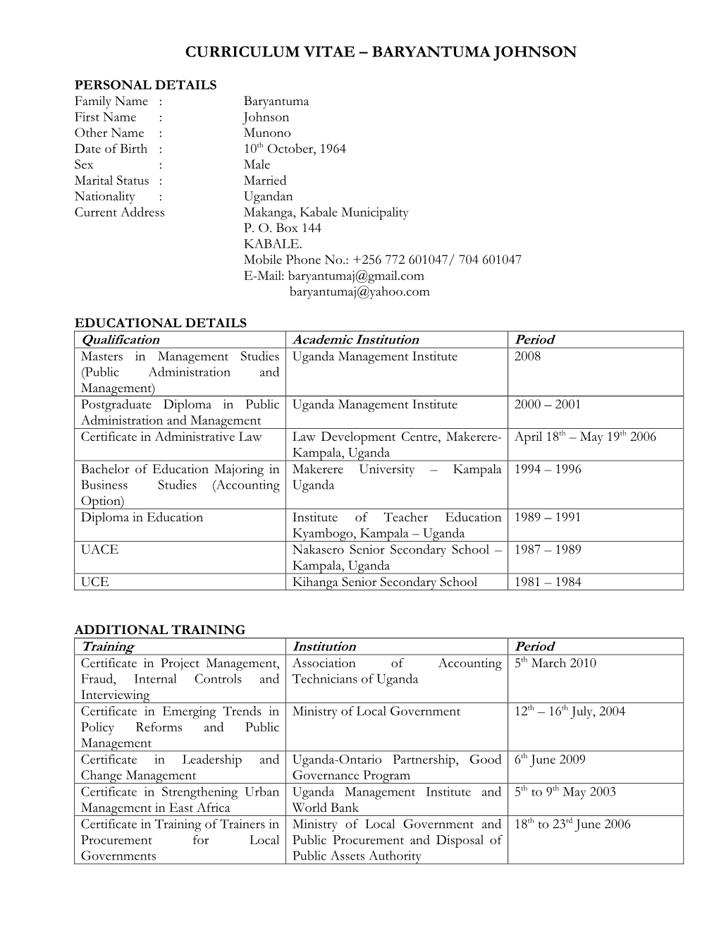 Curriculum Vitae – Baryantuma Johnson