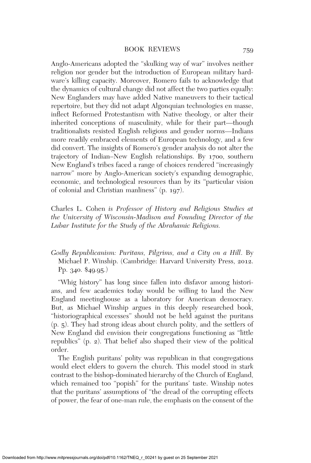 BOOK REVIEWS 759 Anglo-Americans Adopted the “Skulking Way of War” Involves Neither Religion Nor Gender but the Introduction