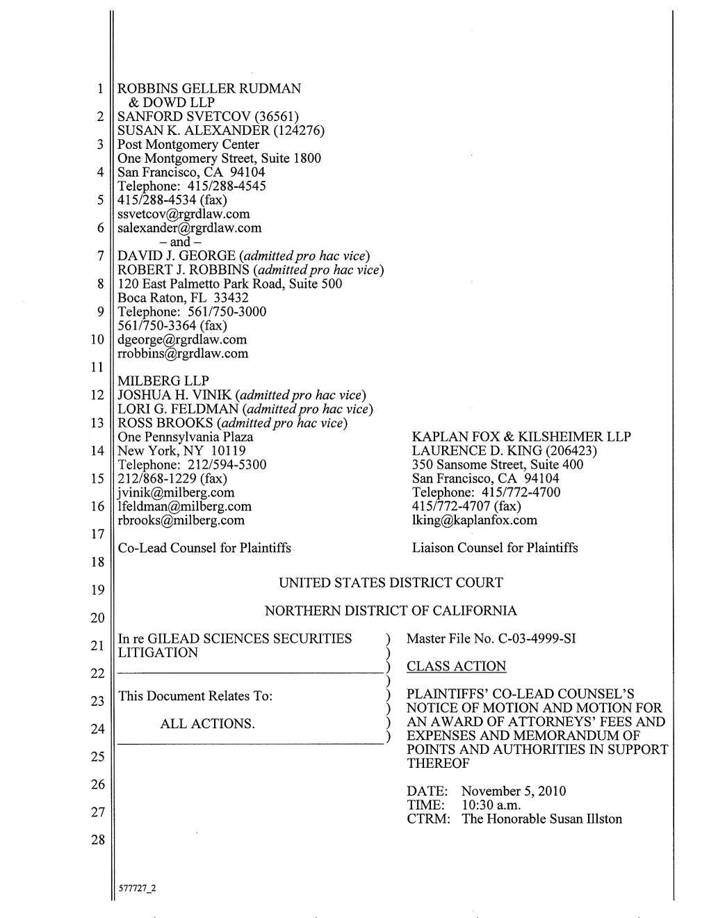 In Re Gilead Sciences Securities Litigation 03-CV-4999-Plaintiffs' Co