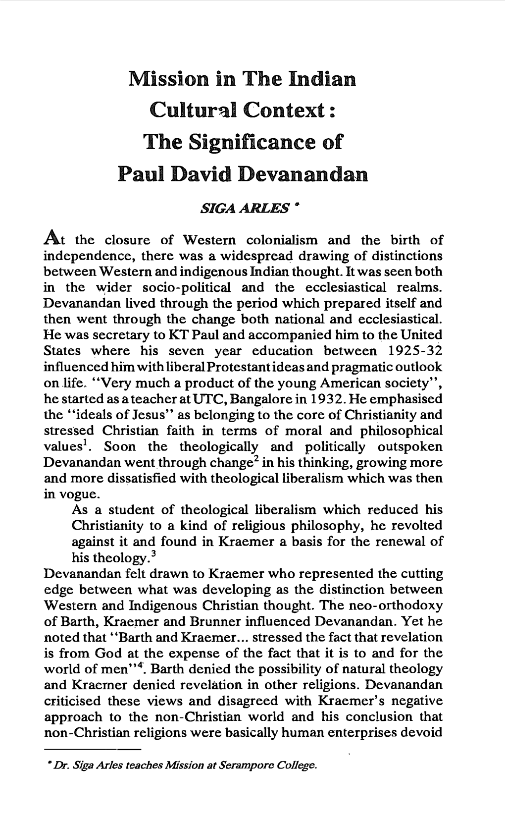 Mission in the Indian Cultural Context: the Significance of Paul David