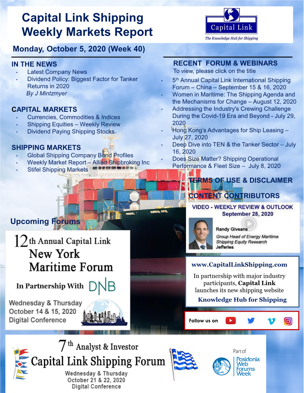 Capital Link Shipping Weekly Markets Report Monday, October 5, 2020 (Week 40)