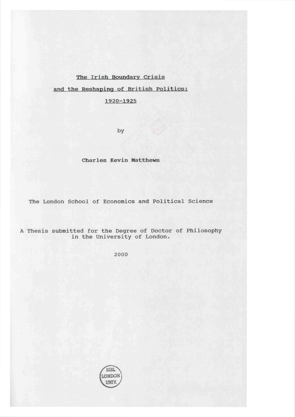 The Irish Boundary Crisis and the Reshaping of British Politics: 1920