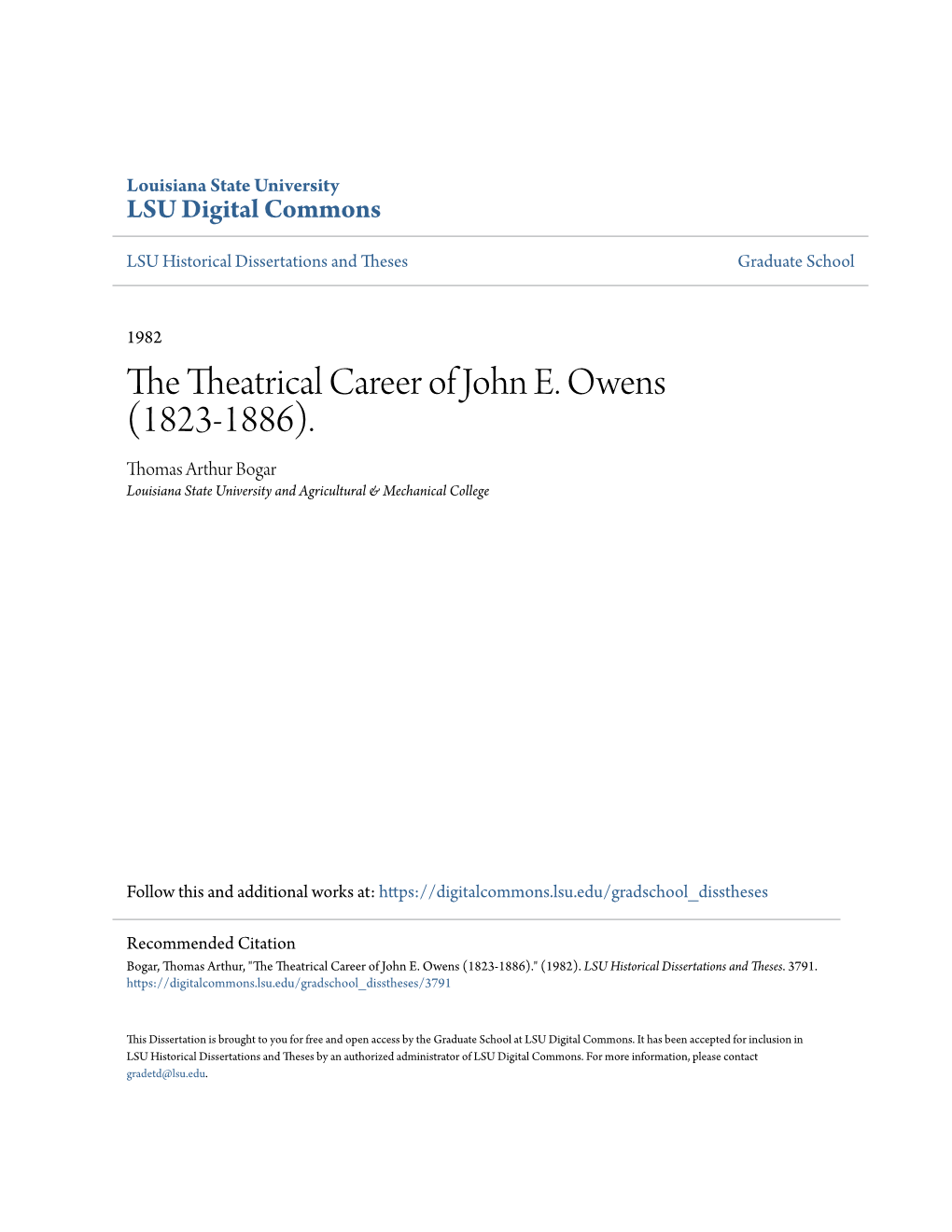 The Theatrical Career of John E. Owens (1823-1886)