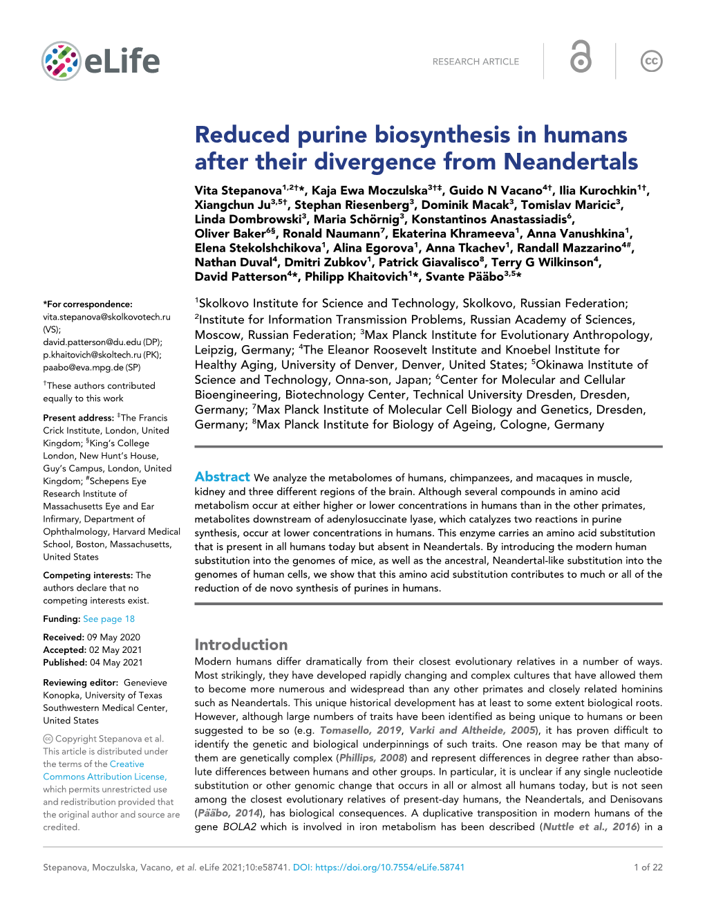 Reduced Purine Biosynthesis in Humans After Their