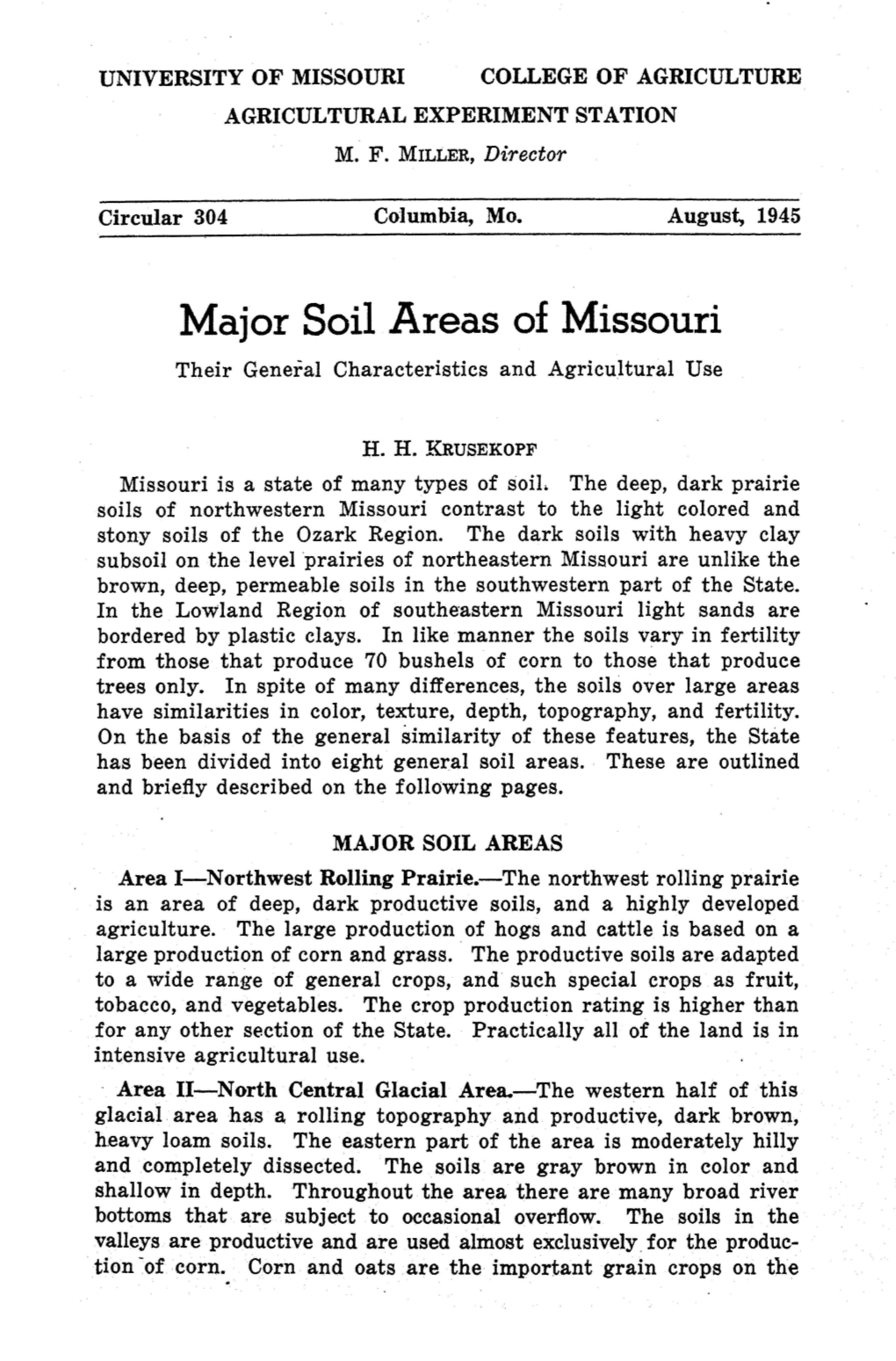 Major Soil Areas of Missouri Their General Characteristics and Agricultural Use