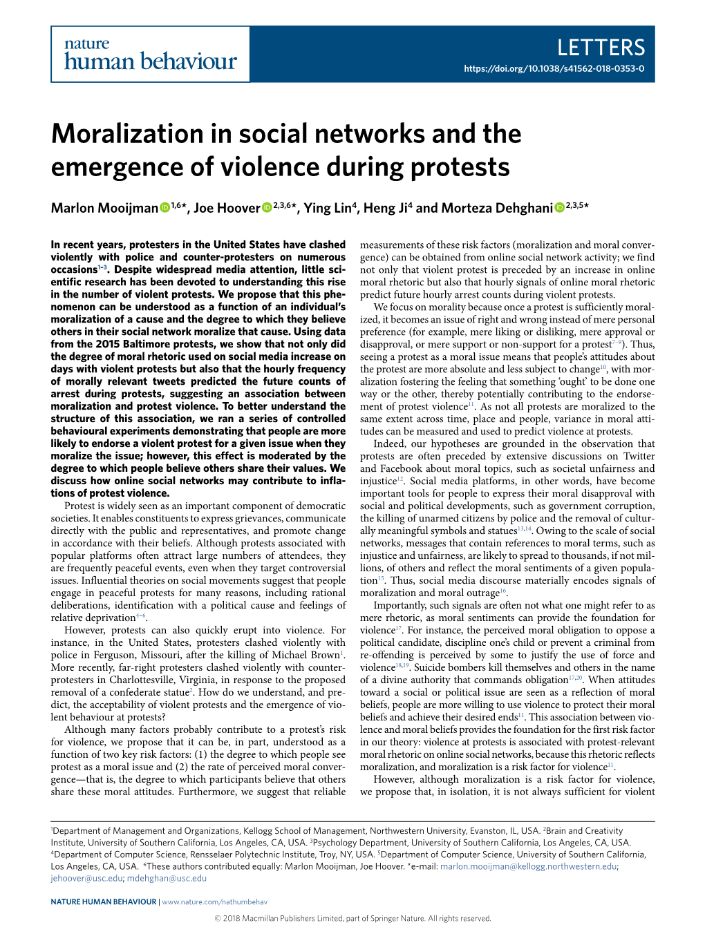 Moralization in Social Networks and the Emergence of Violence During Protests