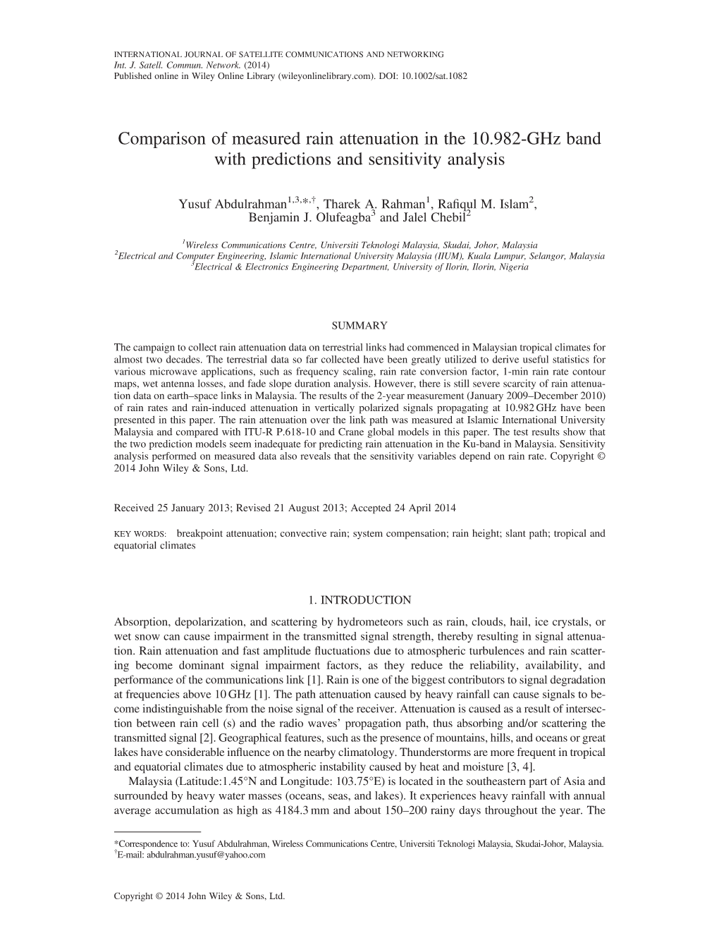 Comparison of Measured Rain Attenuation in the 10.982Ghz Band