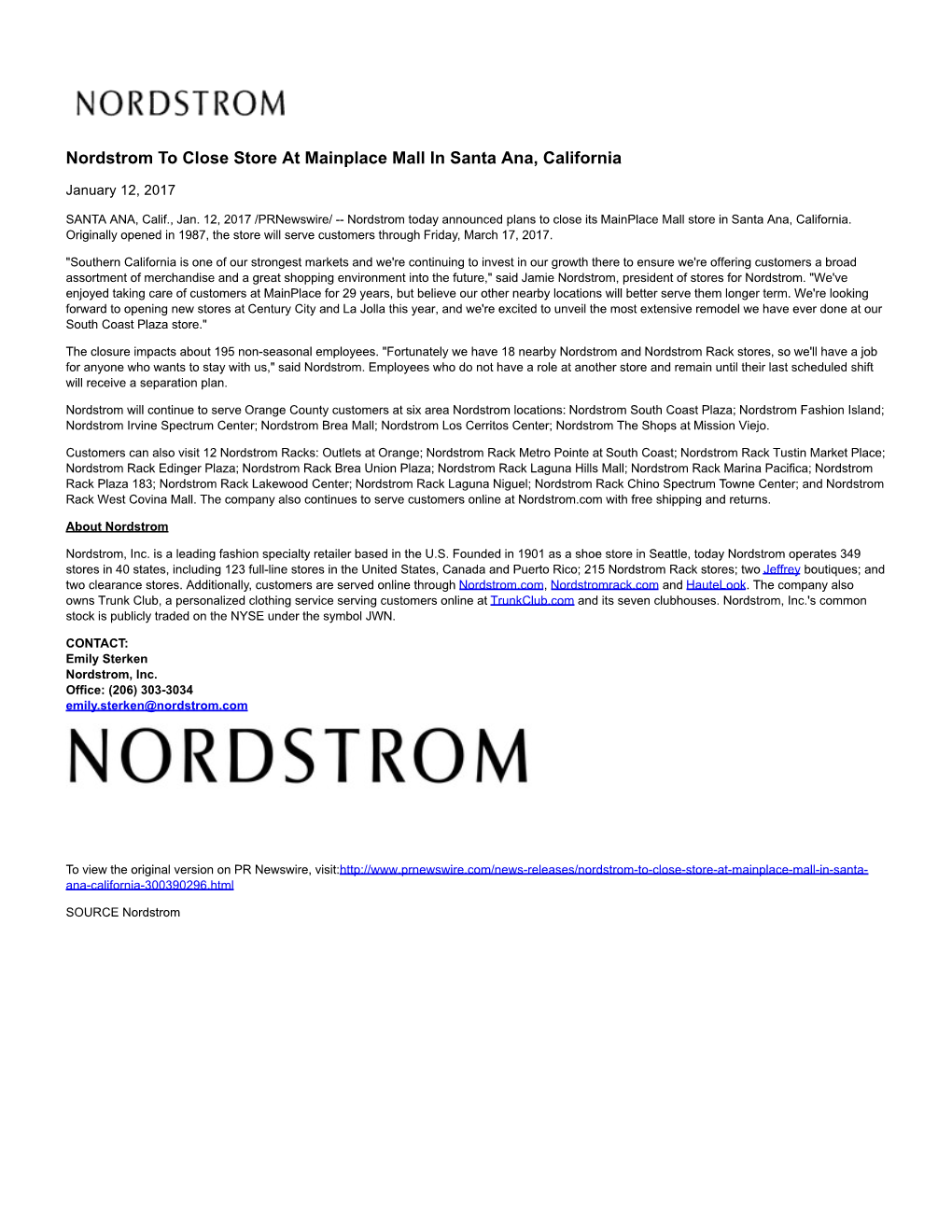 Nordstrom to Close Store at Mainplace Mall in Santa Ana, California