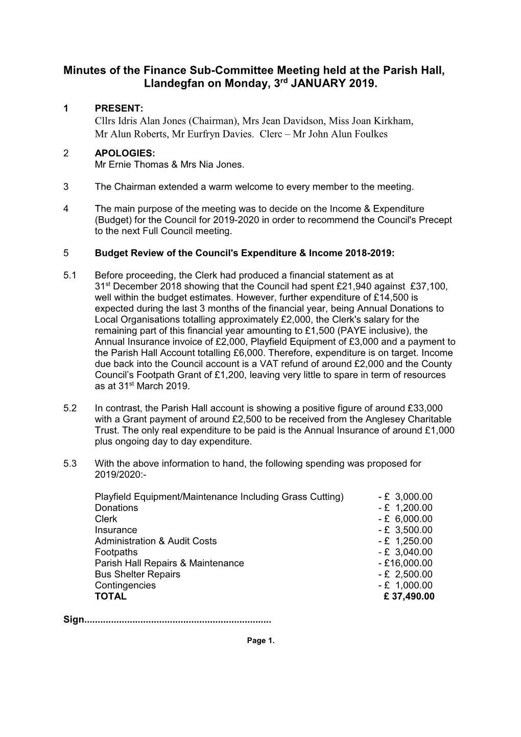 Minutes of the Finance Sub-Committee Meeting Held at the Parish Hall, Llandegfan on Monday, 3Rd JANUARY 2019