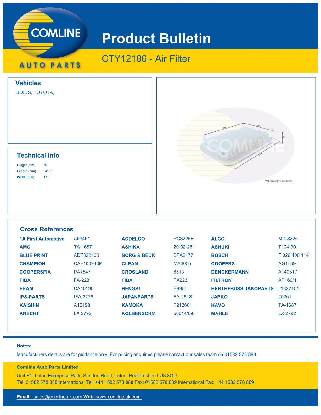 Product Bulletin CTY12186 - Air Filter