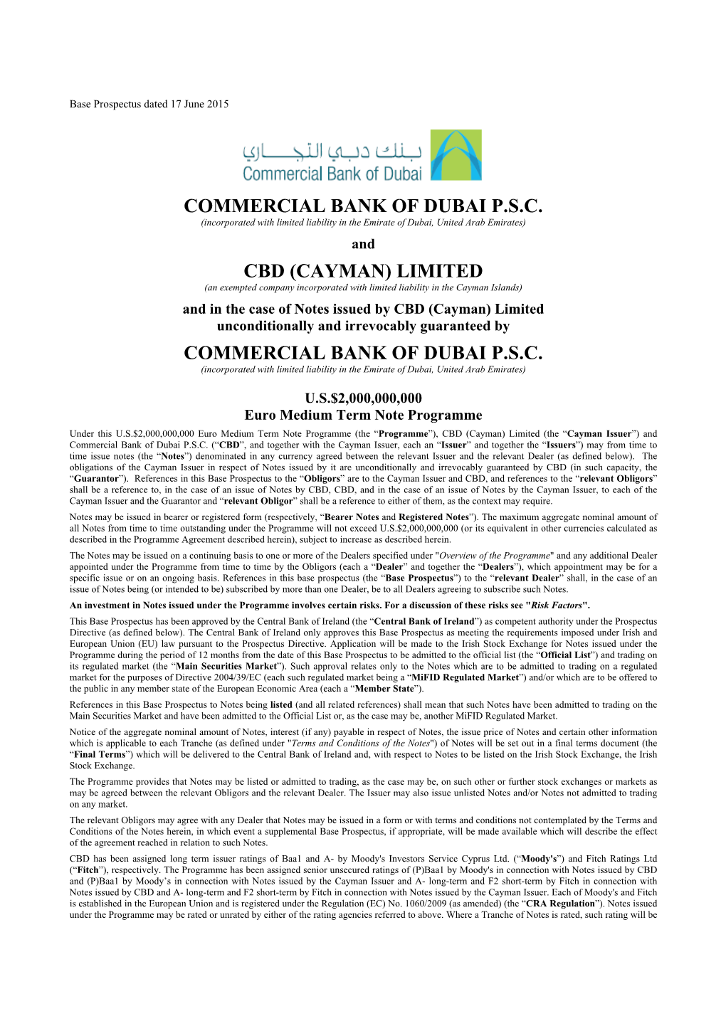 Commercial Bank of Dubai Psc Cbd (Cayman)