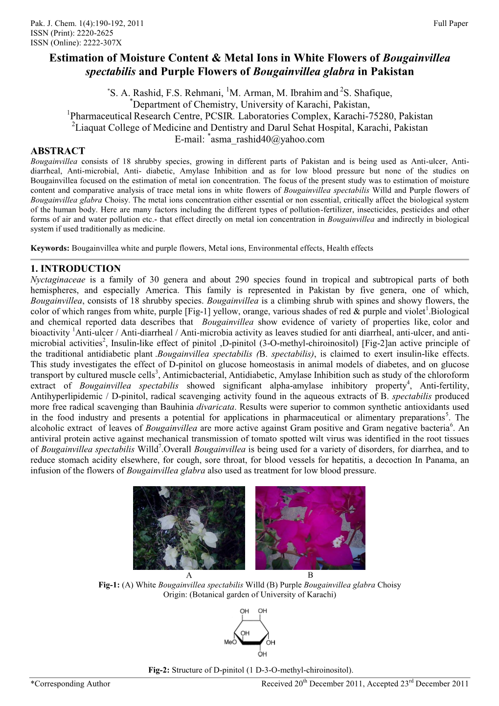 Estimation of Moisture Content & Metal Ions in White Flowers Of