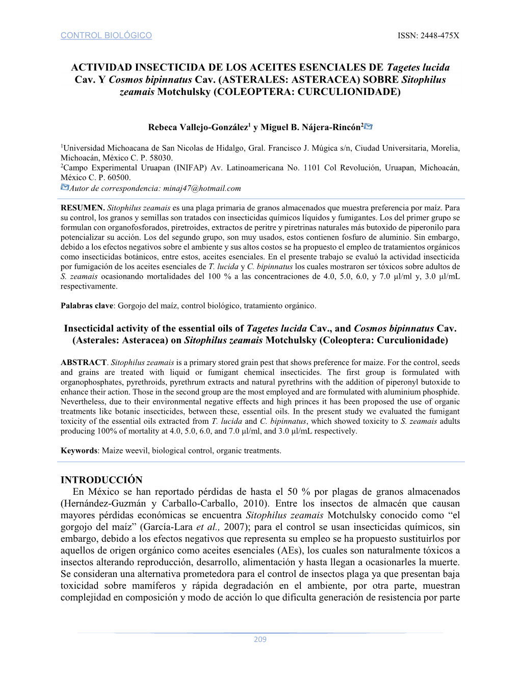 ACTIVIDAD INSECTICIDA DE LOS ACEITES ESENCIALES DE Tagetes Lucida Cav