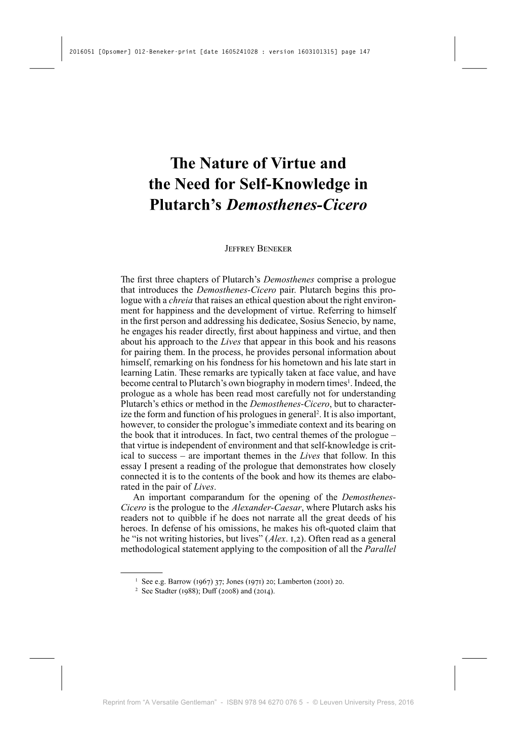 The Nature of Virtue and the Need for Self-Knowledge in Plutarch's Demosthenes-Cicero