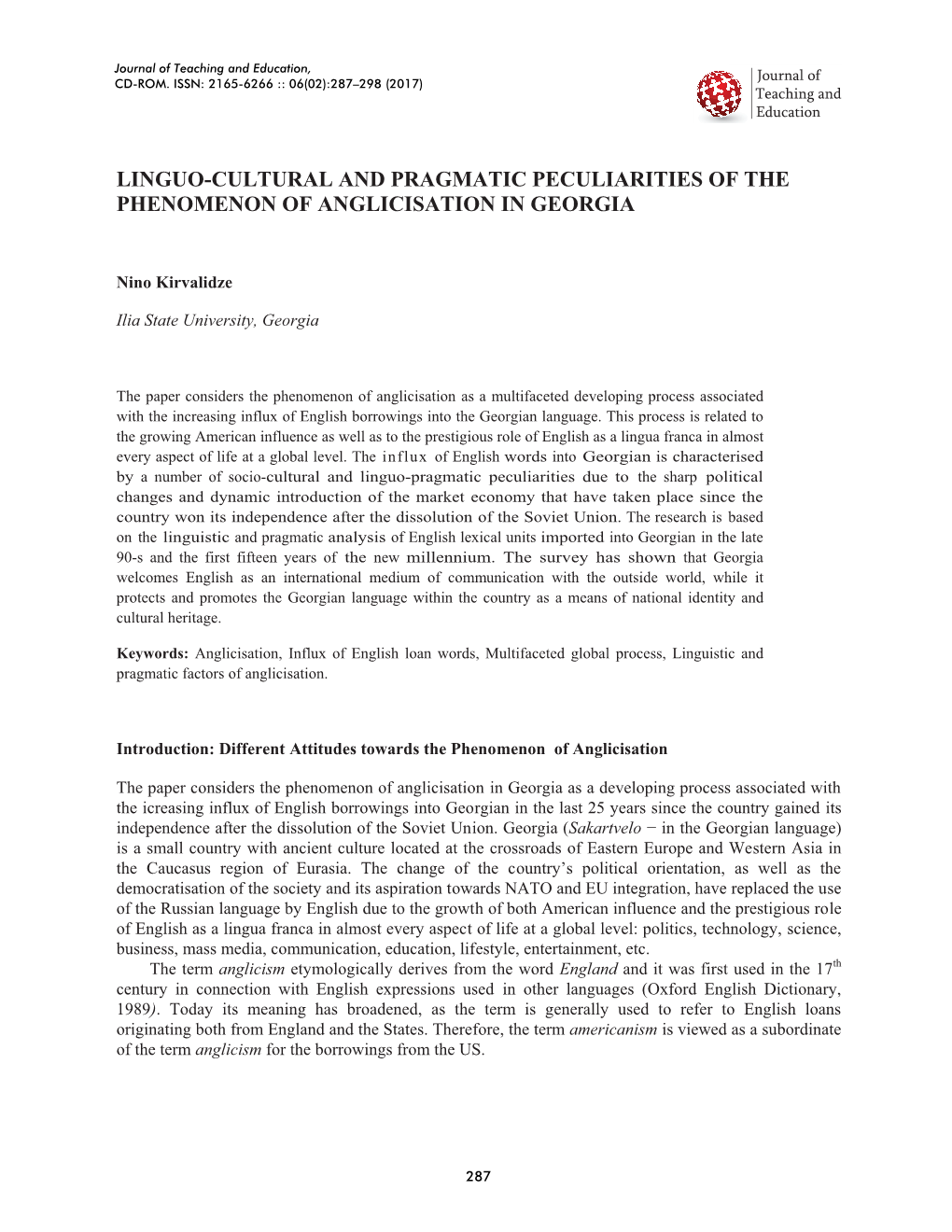 Linguo-Cultural and Pragmatic Peculiarities of the Phenomenon of Anglicisation in Georgia