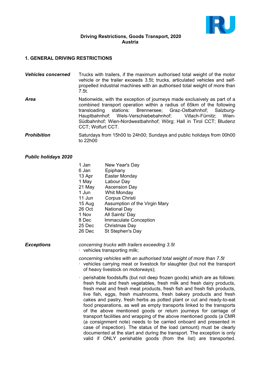 Driving Restrictions, Goods Transport, 2020 Austria