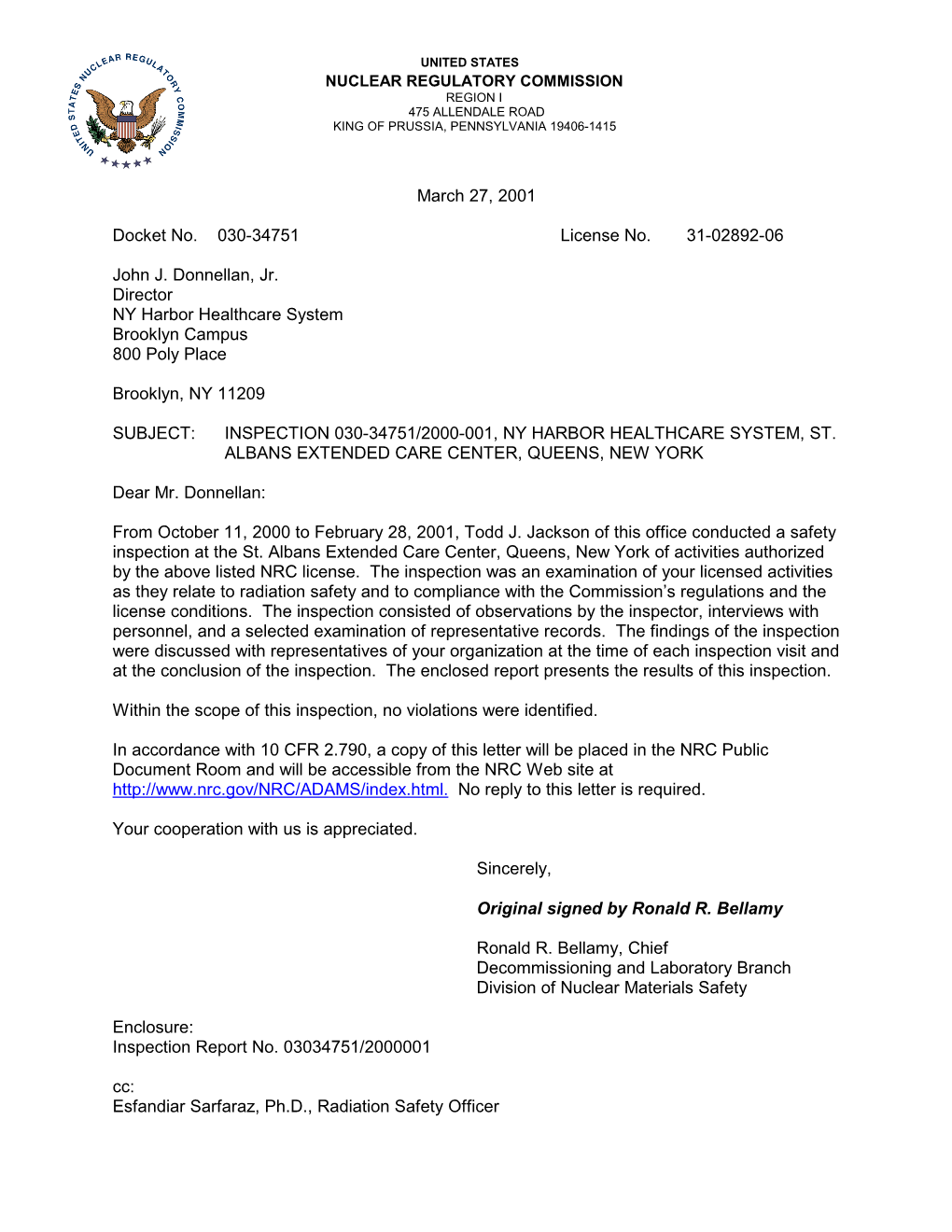 Inspection 03034751/2000001, NY Harbor Healthcare System, St. Albans Extended Care Center, Queens, New York