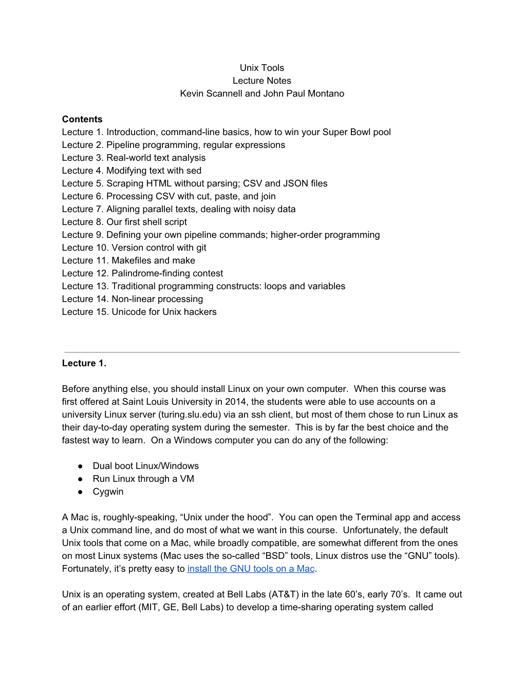 Unix Tools Lecture Notes Kevin Scannell and John Paul Montano