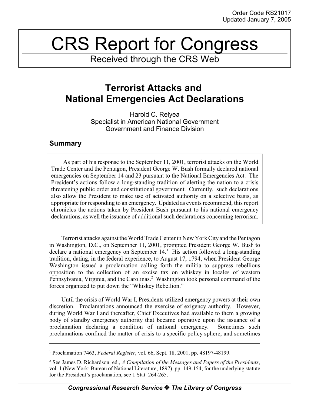 Terrorist Attacks and National Emergencies Act Declarations