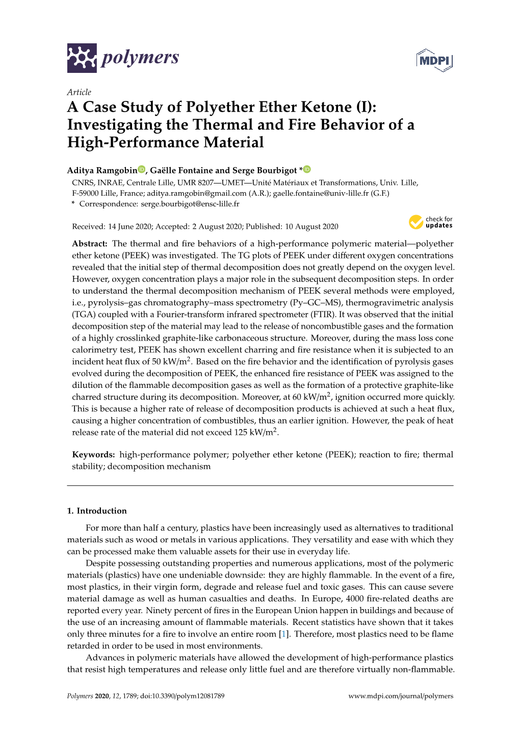 A Case Study of Polyether Ether Ketone (I): Investigating the Thermal and Fire Behavior of a High-Performance Material