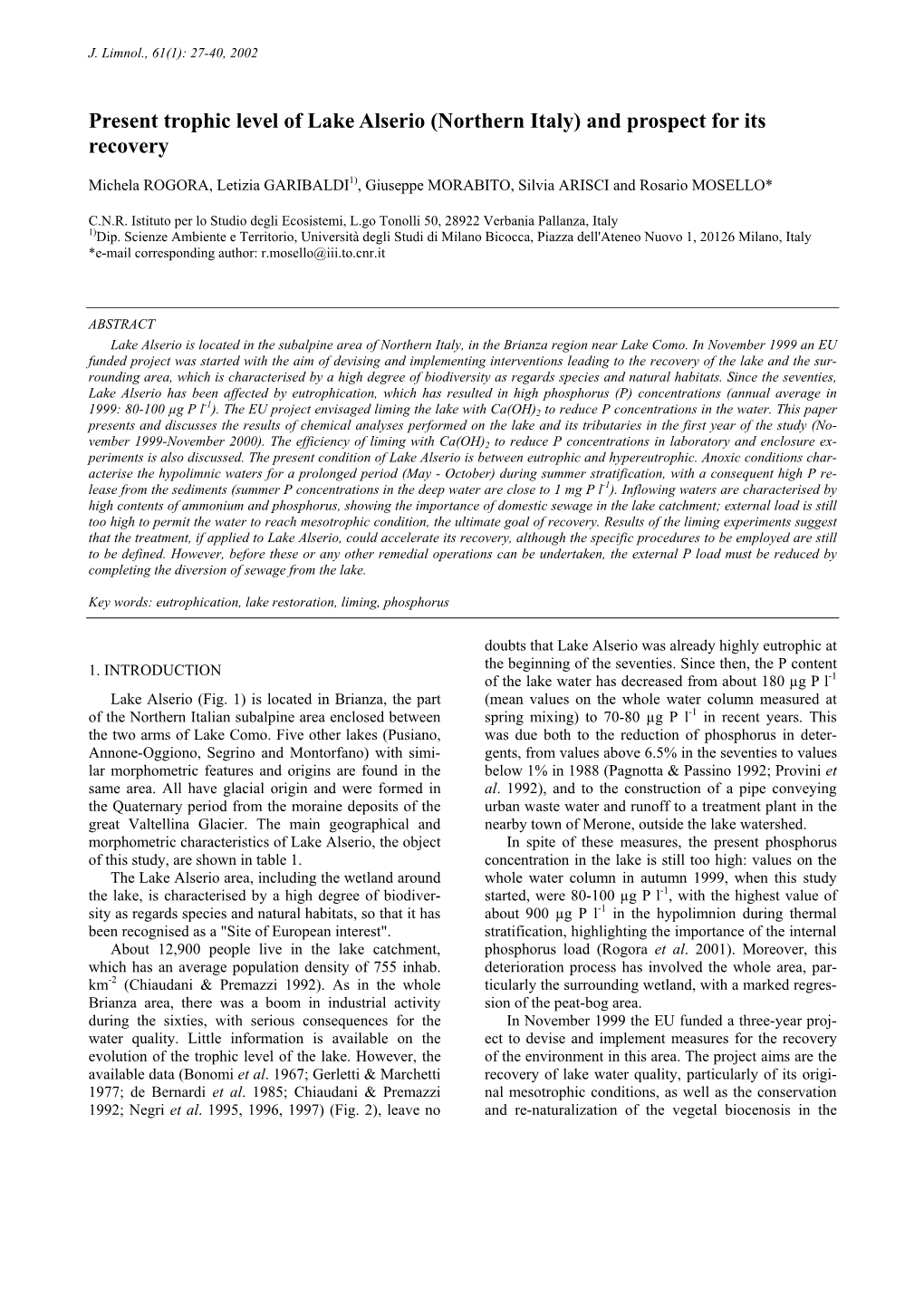 Present Trophic Level of Lake Alserio (Northern Italy) and Prospect for Its Recovery