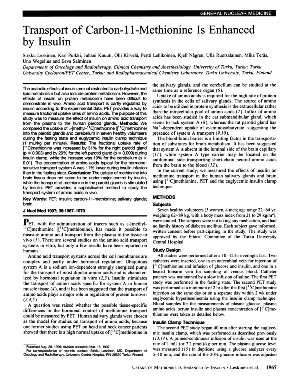 Transport of Carbon-11 -Methionine Is Enhanced by Insulin