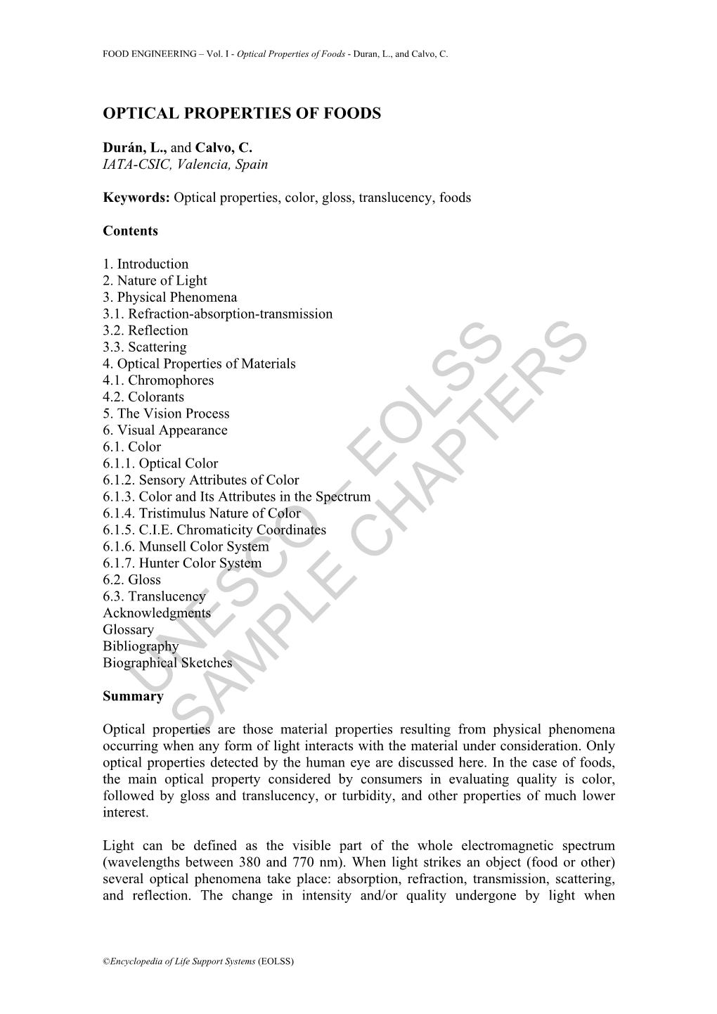 Optical Properties of Foods - Duran, L., and Calvo, C