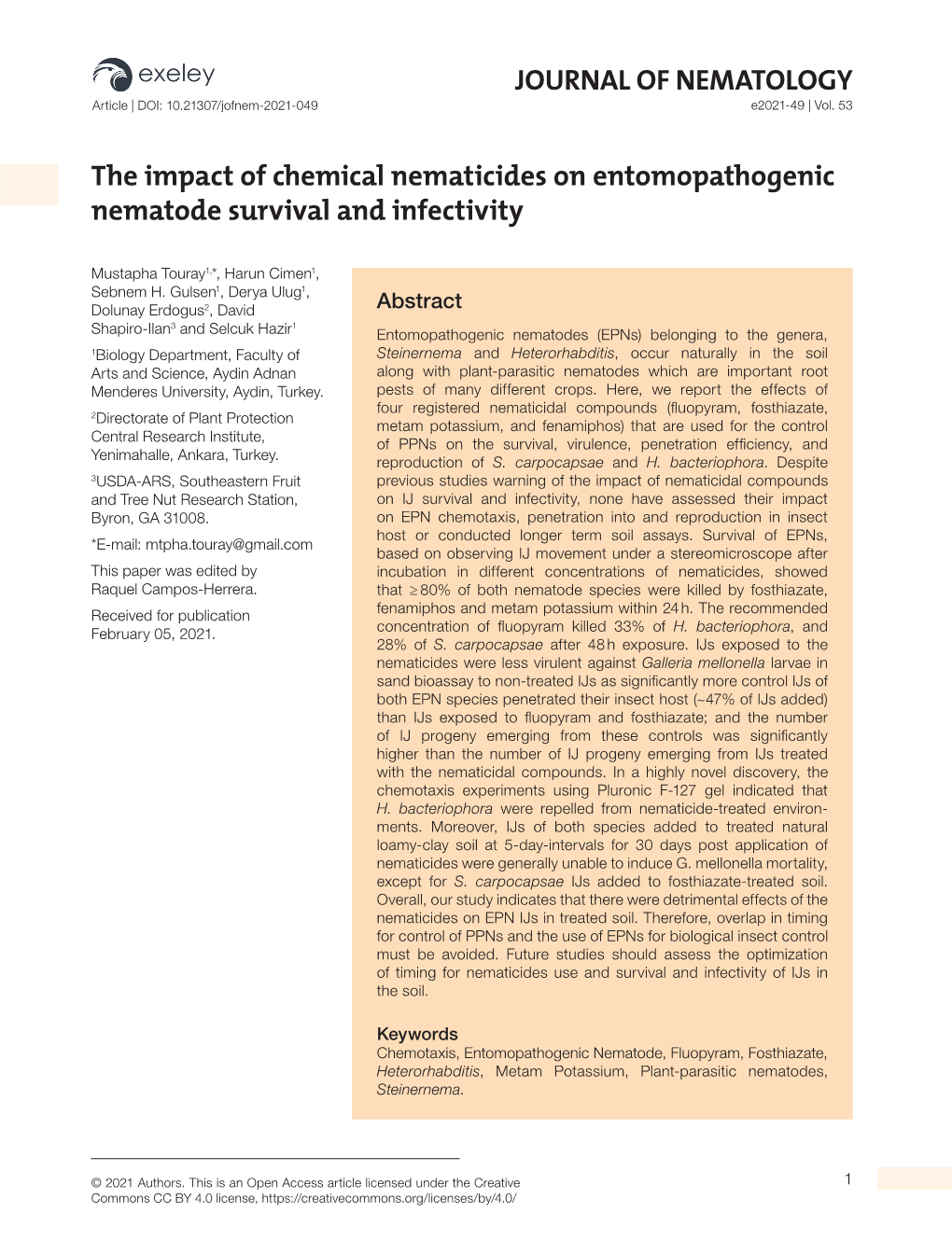 JOURNAL of NEMATOLOGY the Impact of Chemical Nematicides On