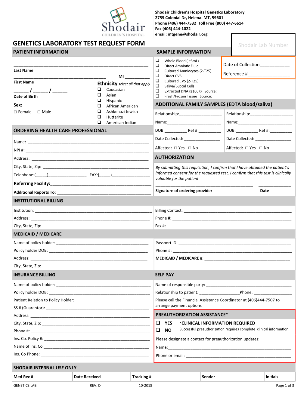 GENETICS LABORATORY TEST REQUEST FORM Shodair Lab Number PATIENT INFORMATION SAMPLE INFORMATION