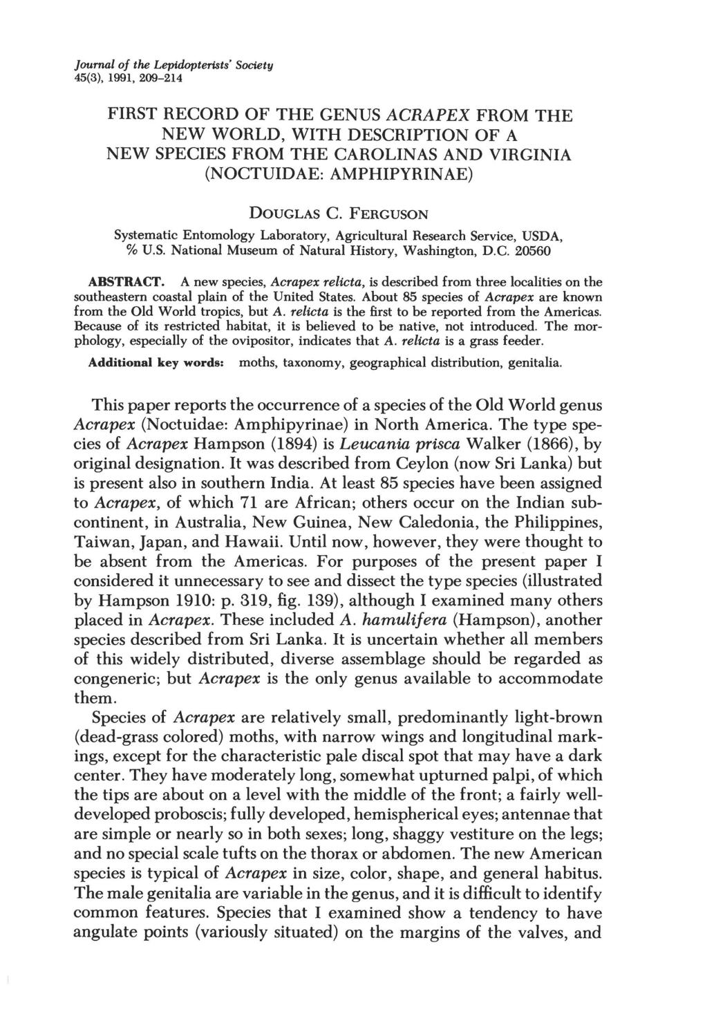 First Record of the Genus Acrapex from the New World, with Description of a New Species from the Carolinas and Virginia (Noctuidae: Amphipyrin Ae)