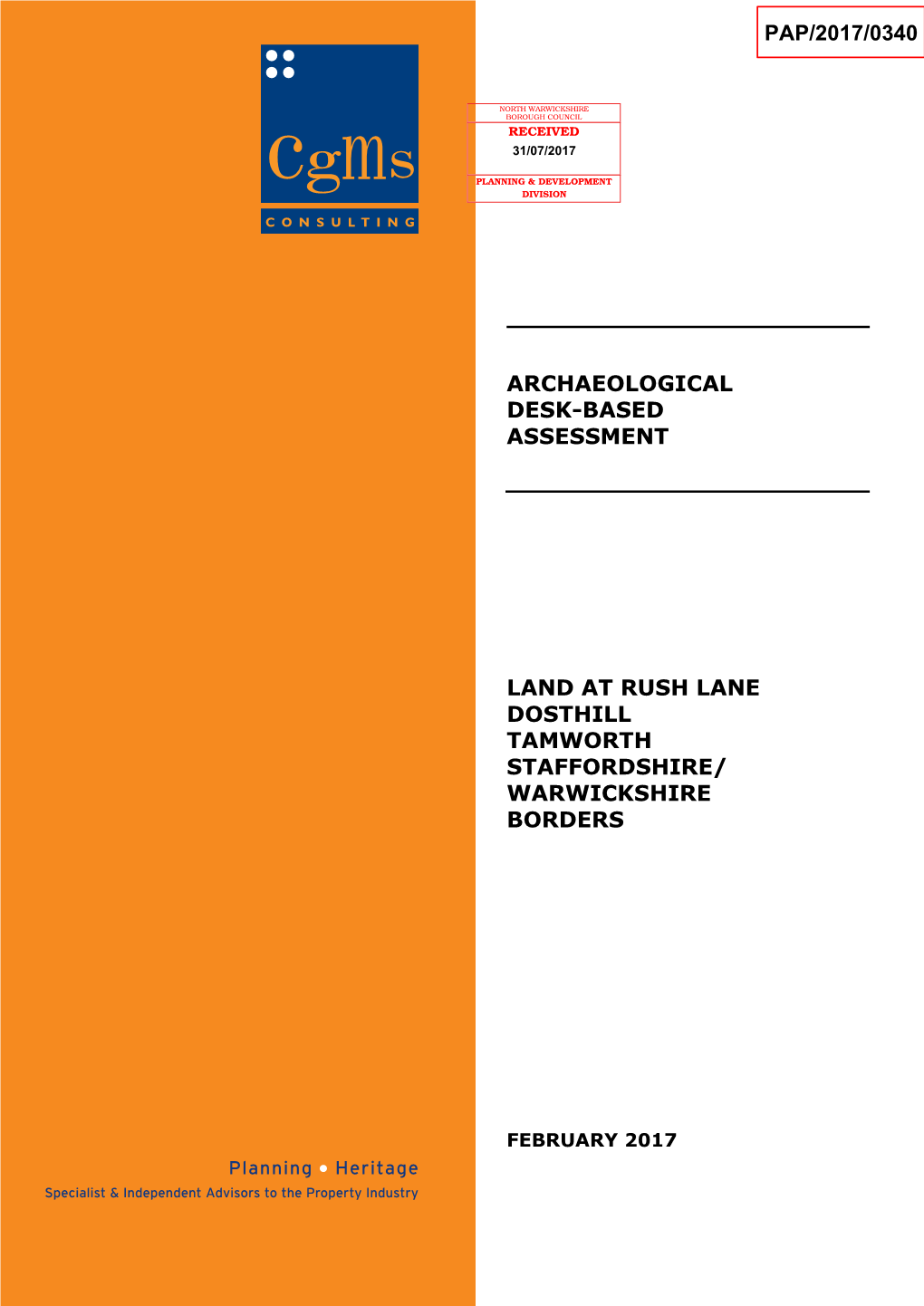 Archaeological Desk-Based Assessment Land at Rush Lane, Dosthill, Tamworth