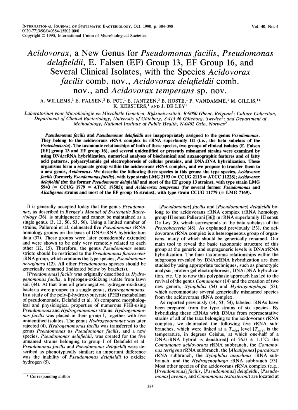 Delajieldii, E. Falsen (EF) Group 13, EF Group 16, and Several Clinical Isolates, with the Species Acidovorax Facilis Comb