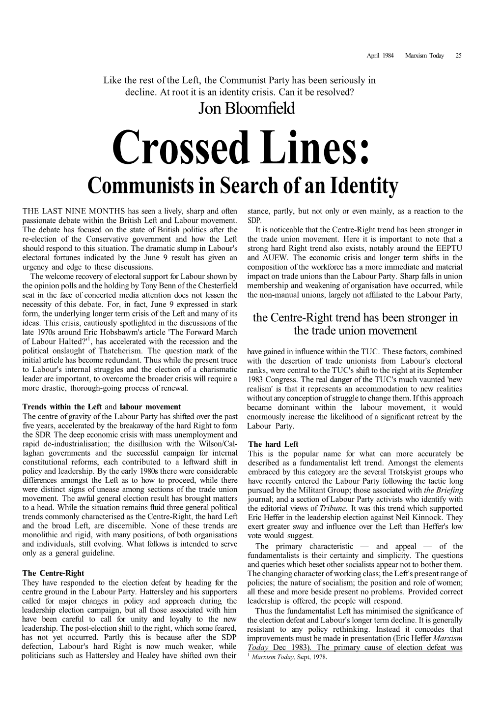 Crossed Lines: Communists in Search of an Identity