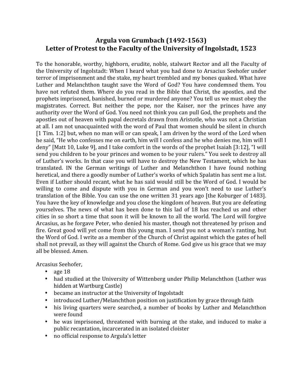 Argula Von Grumbach (1492-1563) Letter of Protest to the Faculty of the University of Ingolstadt, 1523