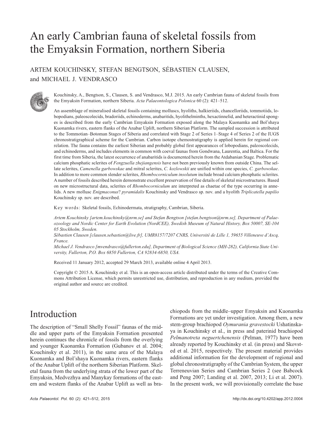 An Early Cambrian Fauna of Skeletal Fossils from the Emyaksin Formation, Northern Siberia