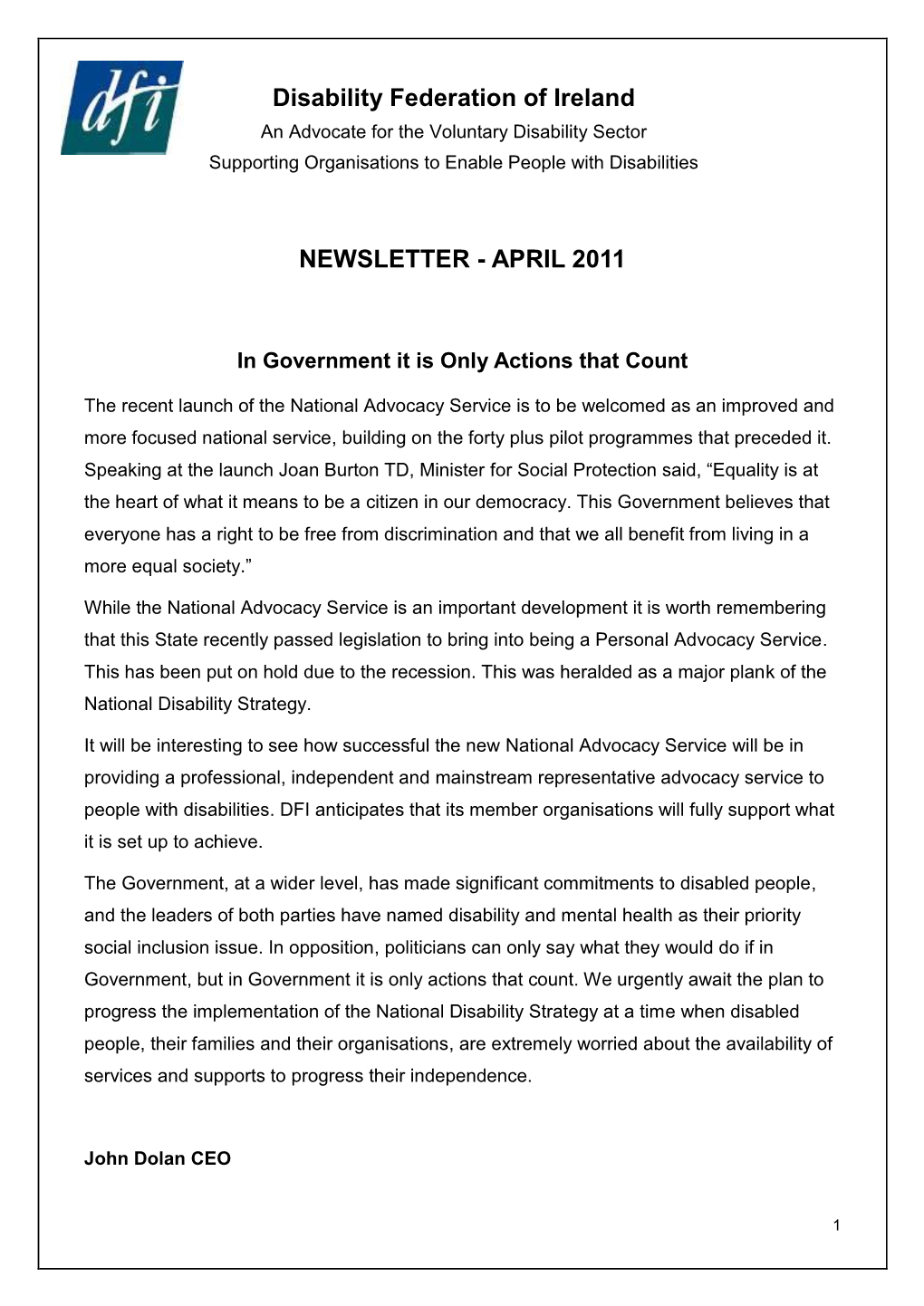 Newsletter - April 2011