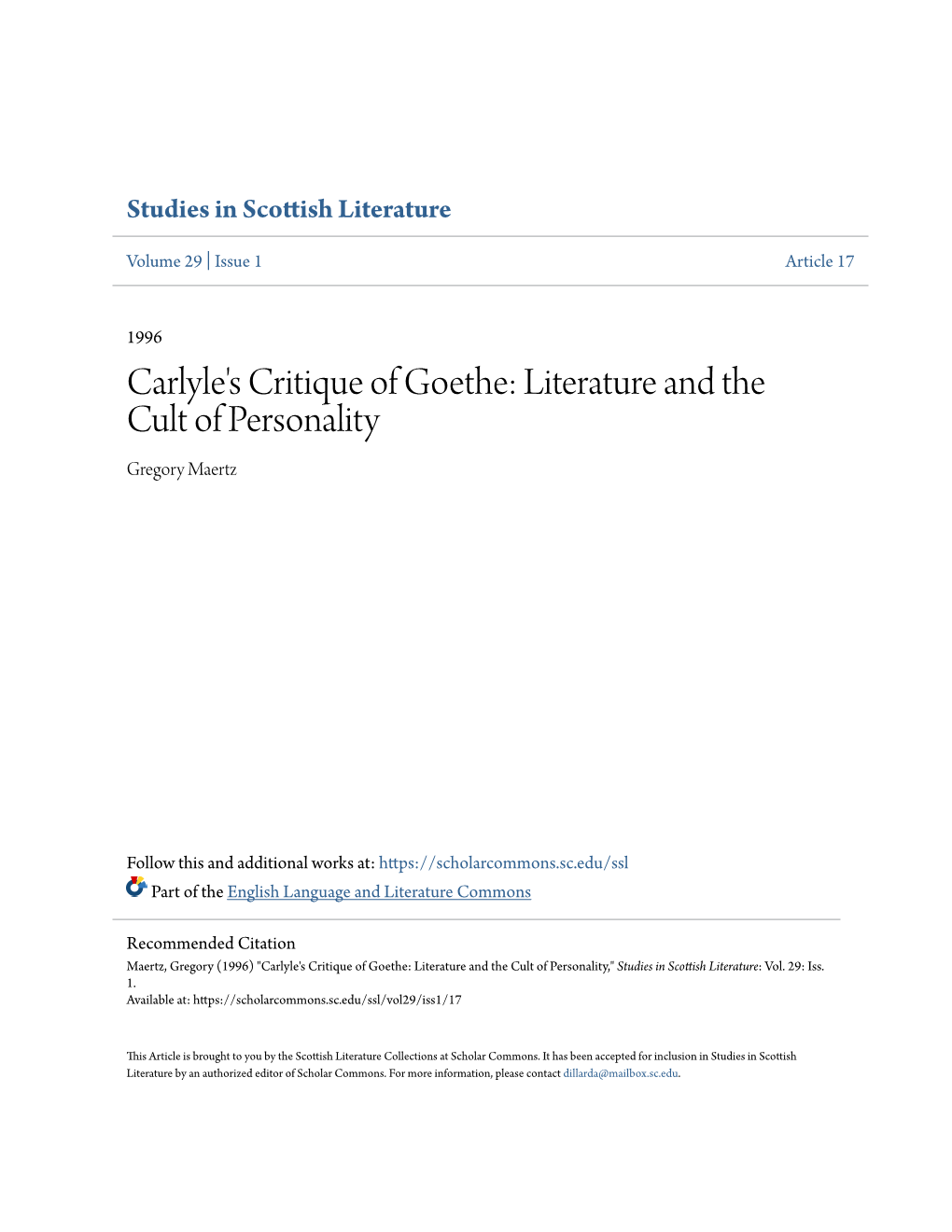 Carlyle's Critique of Goethe: Literature and the Cult of Personality Gregory Maertz