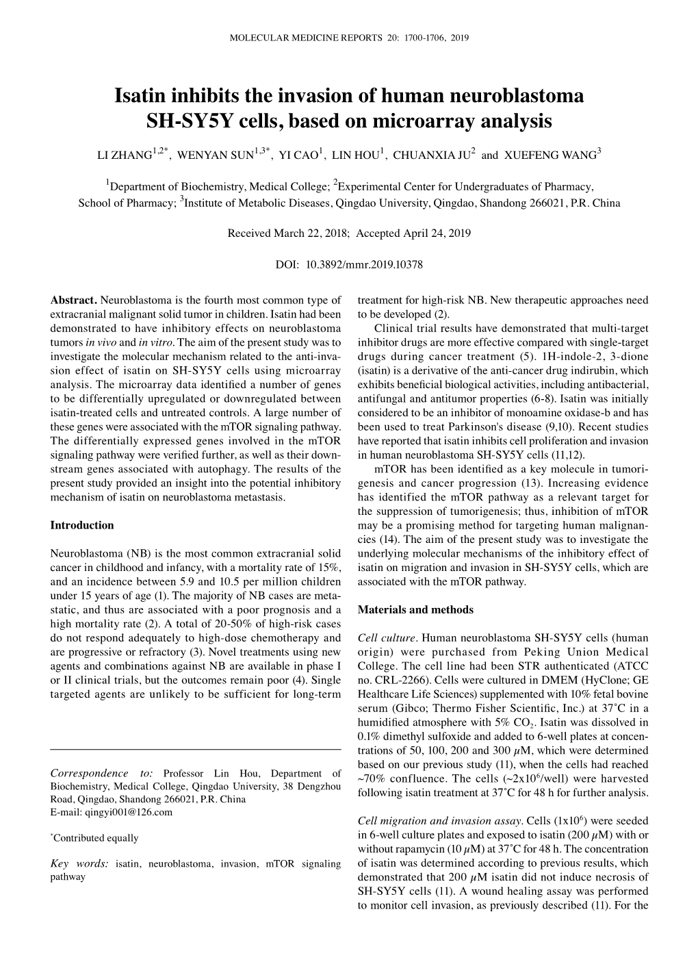 Isatin Inhibits the Invasion of Human Neuroblastoma SH‑SY5Y Cells, Based on Microarray Analysis