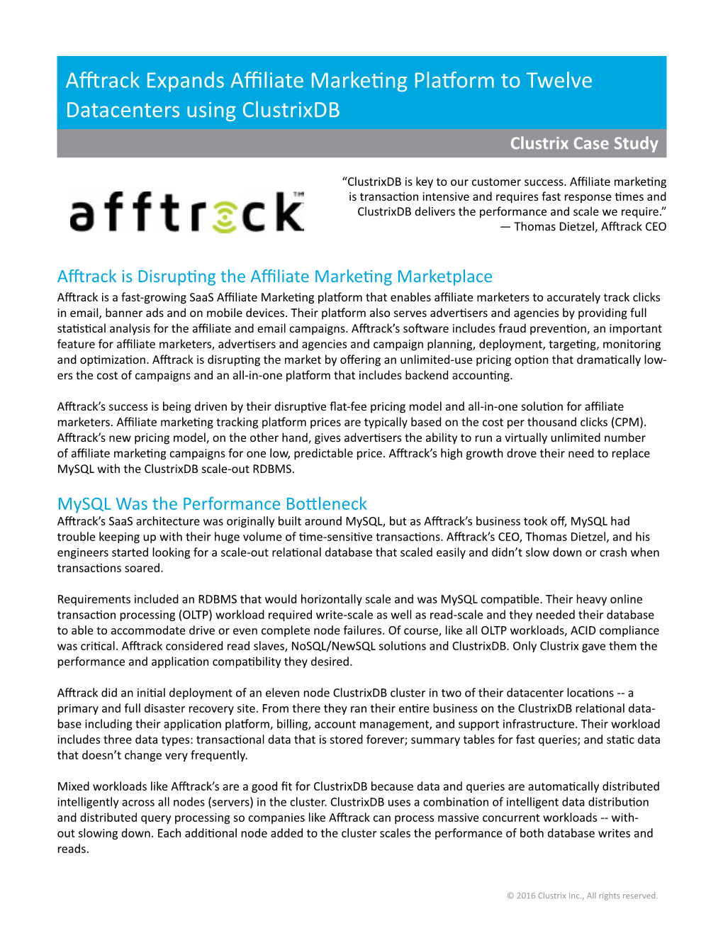 Afftrack Expands Affiliate Marketing Platform to Twelve Datacenters Using Clustrixdb Clustrix Case Study