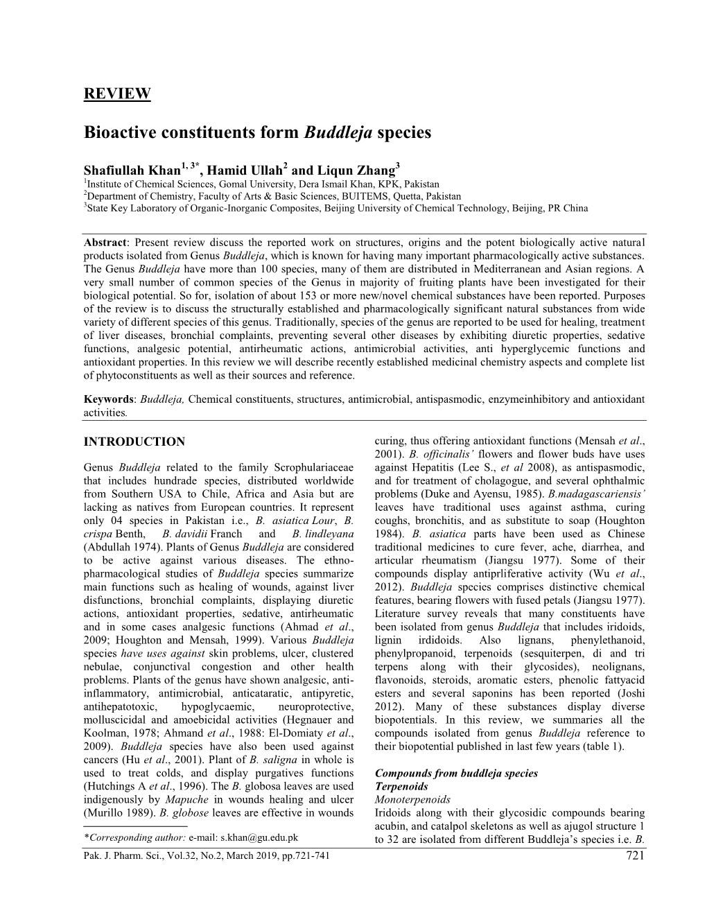 Bioactive Constituents Form Buddleja Species: a Review Globosa, B