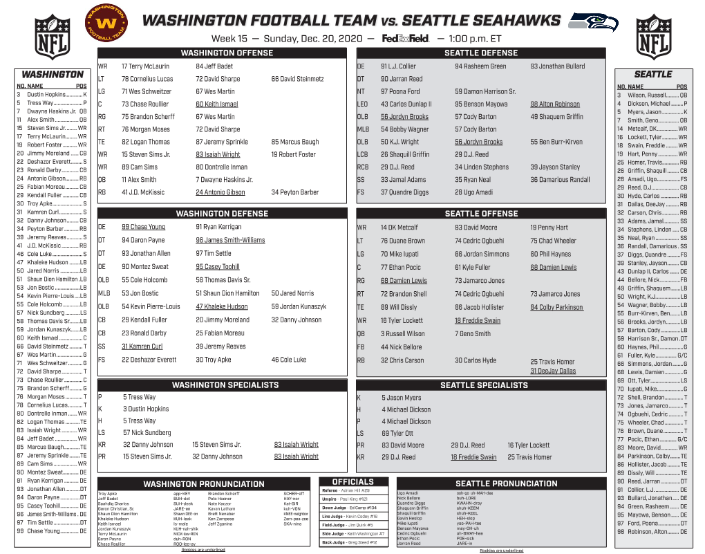 WASHINGTON FOOTBALL TEAM VS. SEATTLE SEAHAWKS Week 15 — Sunday, Dec