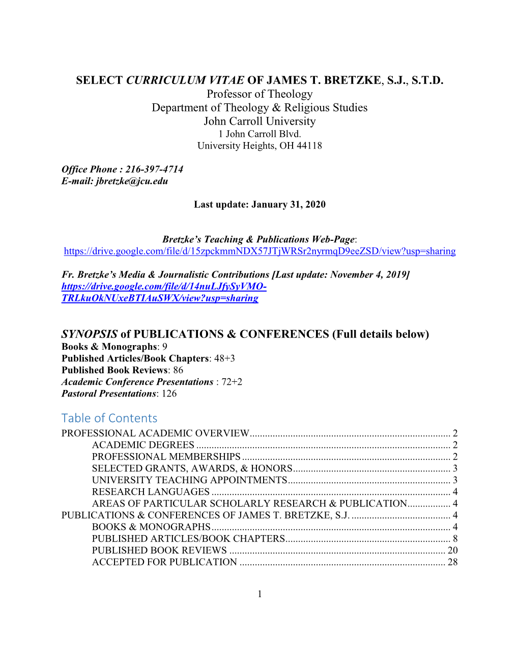 Table of Contents PROFESSIONAL ACADEMIC OVERVIEW