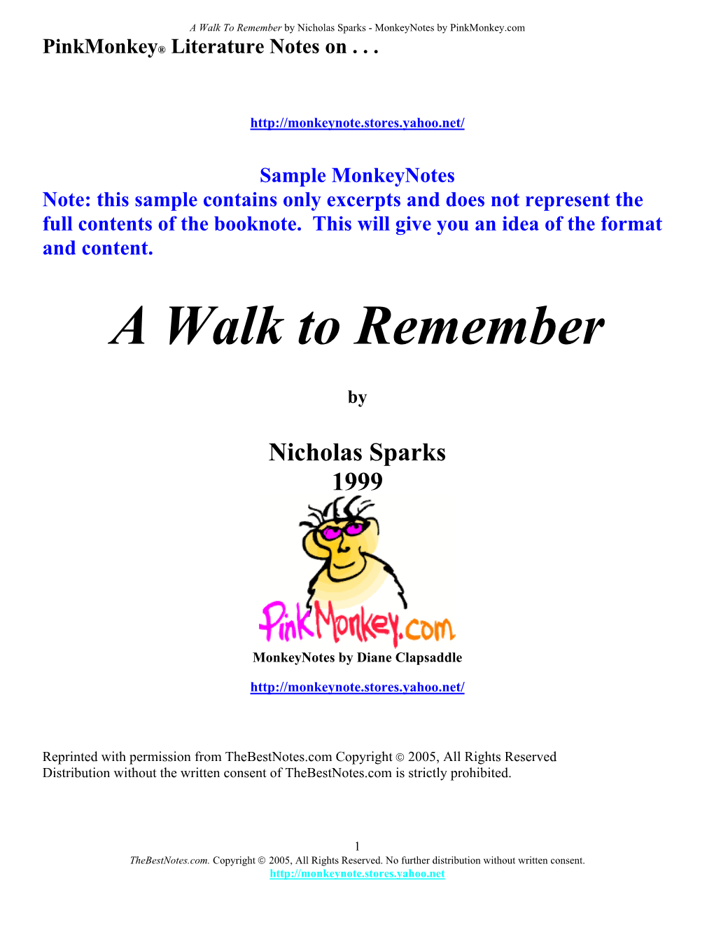 A Walk to Remember by Nicholas Sparks - Monkeynotes by Pinkmonkey.Com Pinkmonkey® Literature Notes On