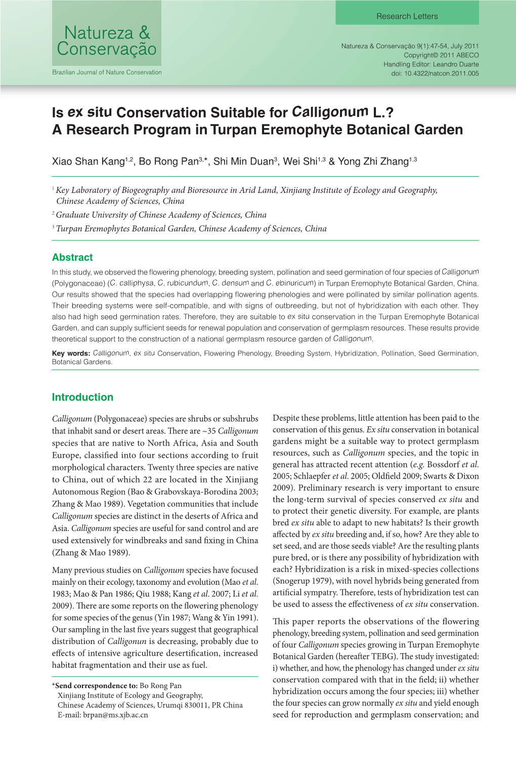 Is Ex Situ Conservation Suitable for Calligonum L.? a Research Program in Turpan Eremophyte Botanical Garden