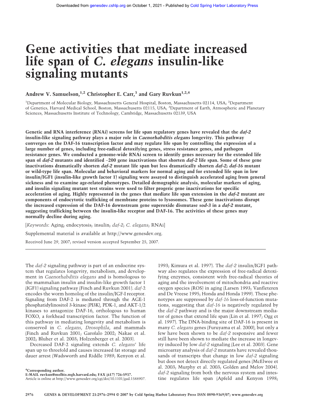 Gene Activities That Mediate Increased Life Span of C. Elegans Insulin-Like Signaling Mutants