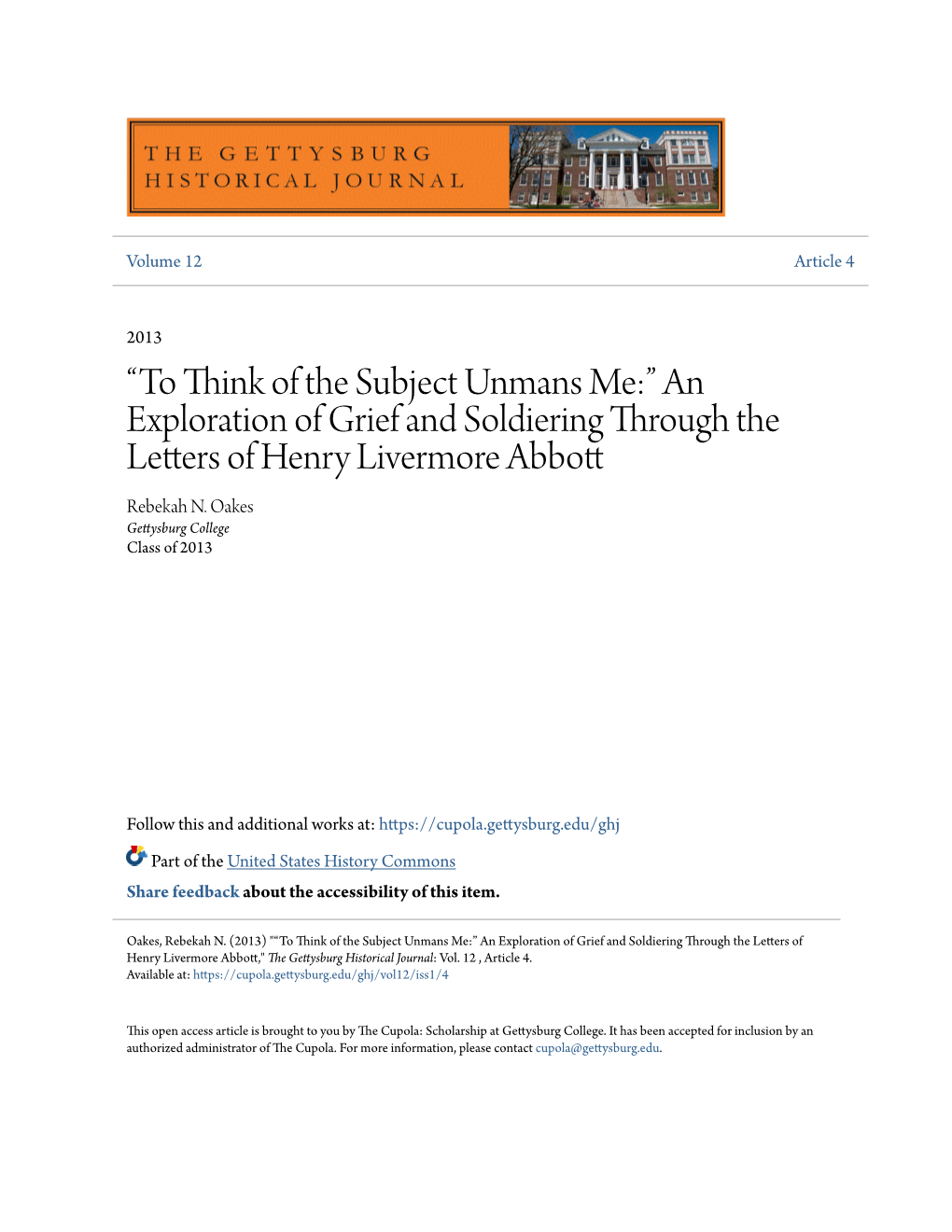 An Exploration of Grief and Soldiering Through the Letters of Henry Livermore Abbott Rebekah N