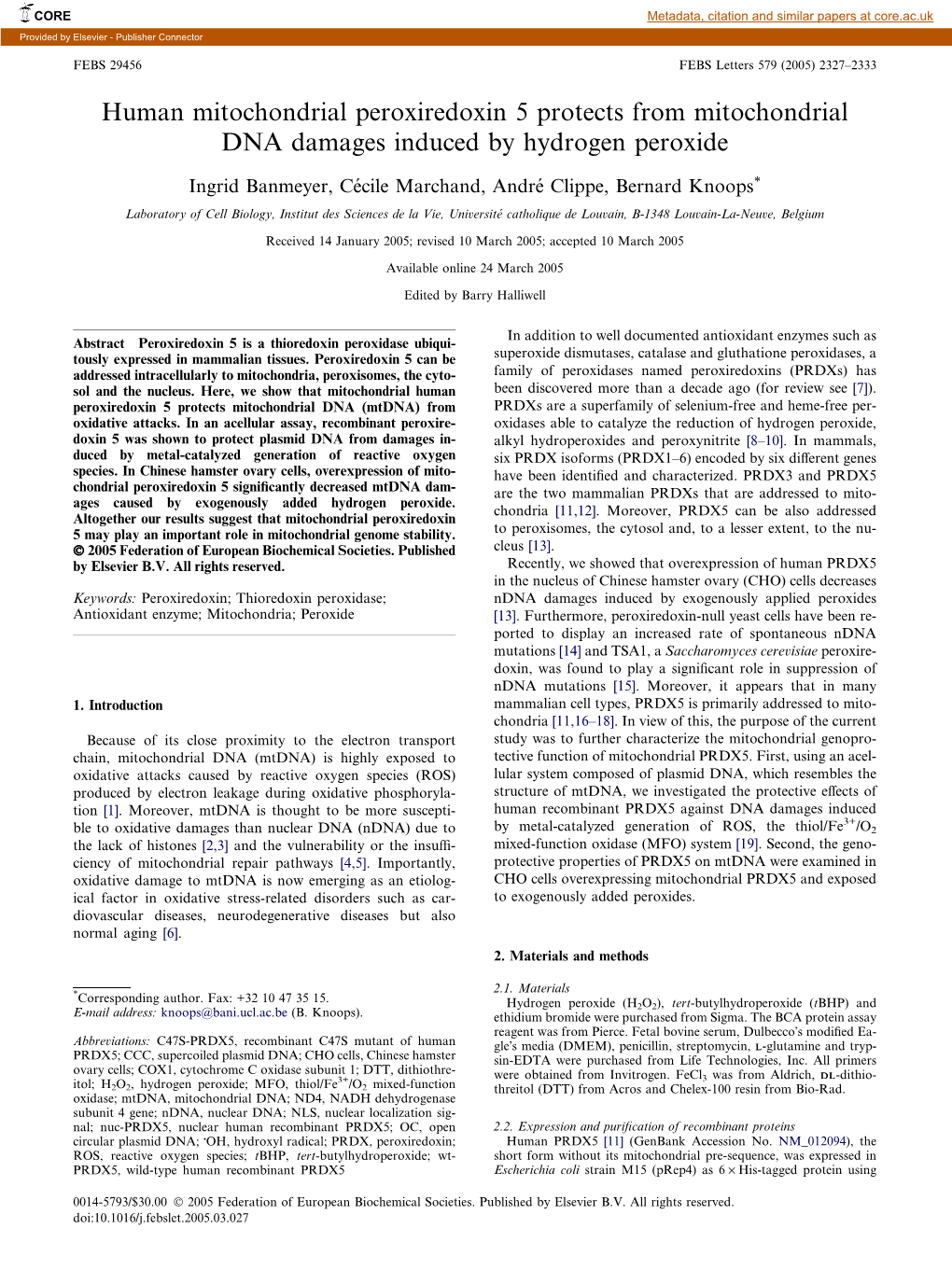 Human Mitochondrial Peroxiredoxin 5 Protects from Mitochondrial DNA Damages Induced by Hydrogen Peroxide