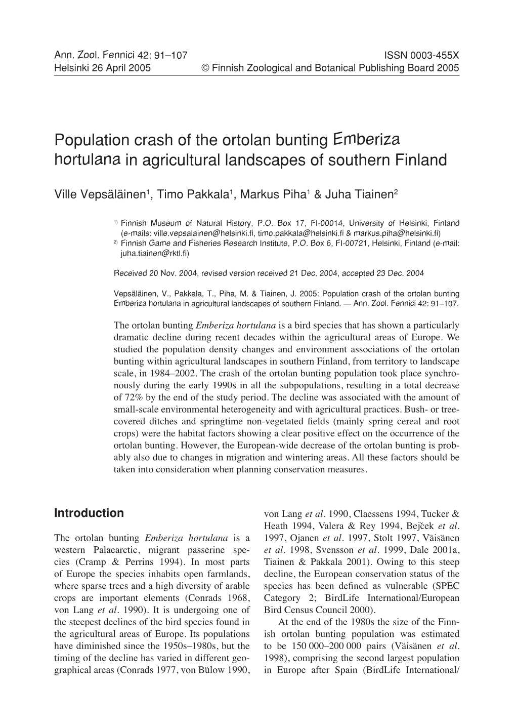 Emberiza Hortulana in Agricultural Landscapes of Southern Finland