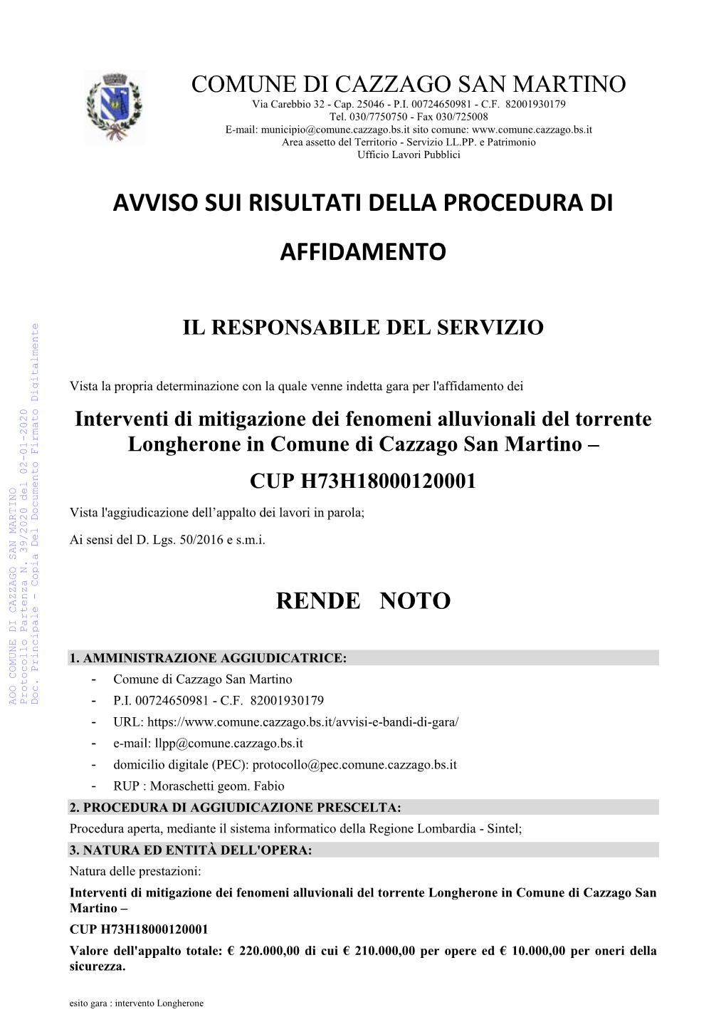 Avviso Sui Risultati Della Procedura Di Affidamento