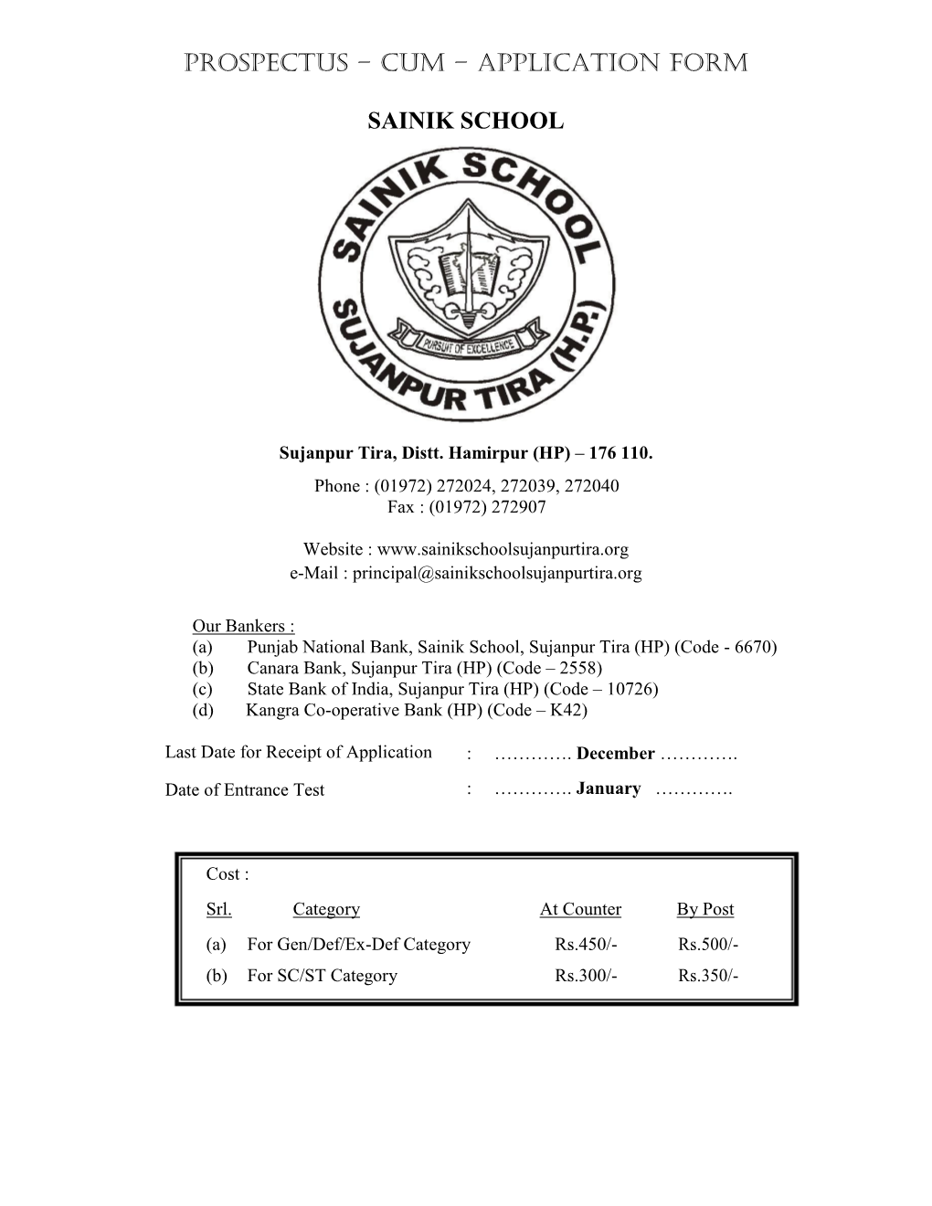 Prospectus – Cum – Application Form Sainik School